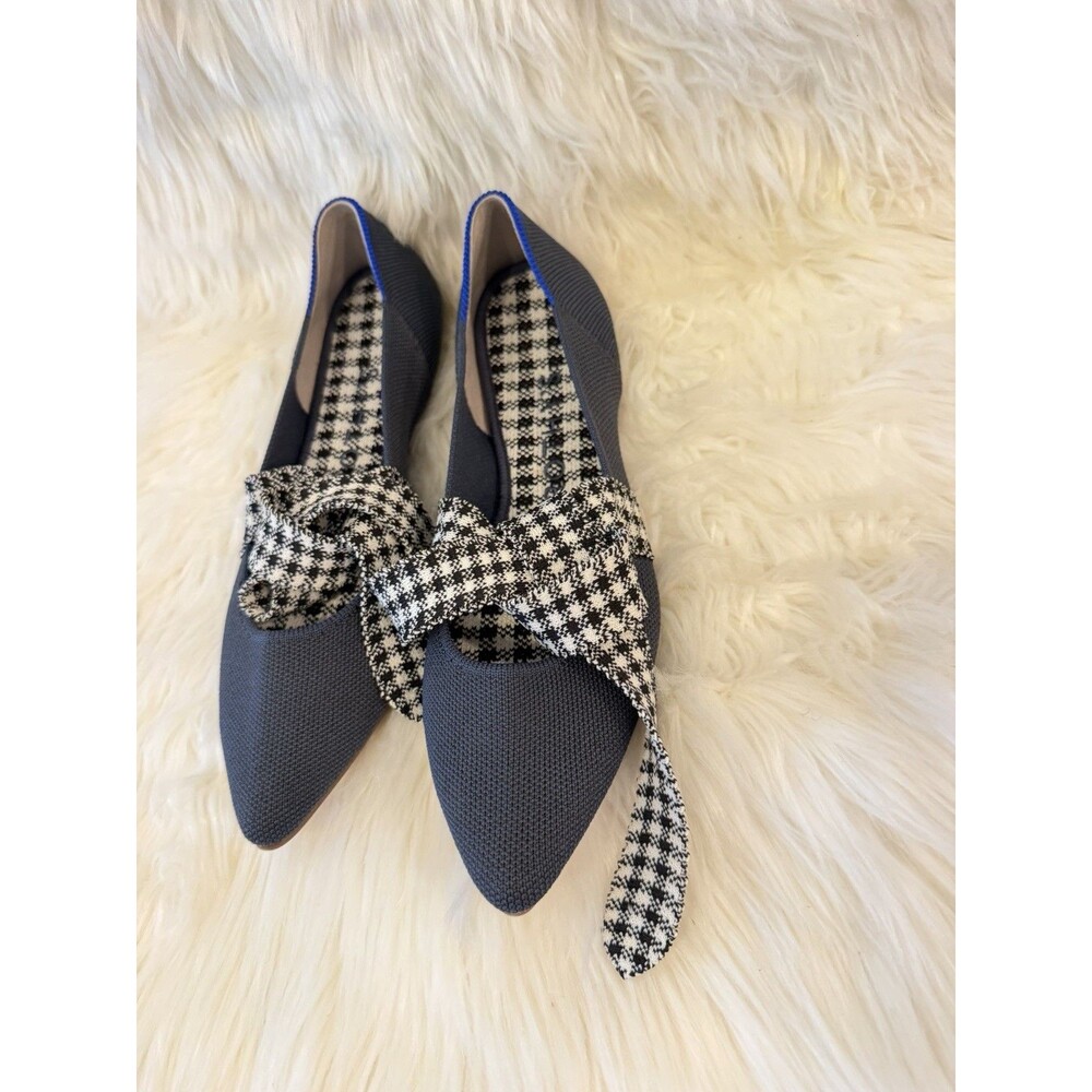 Rothy's The Point Pointed Toe Knit Ballet Flat Blue Gingham Bow US 8 EU 39